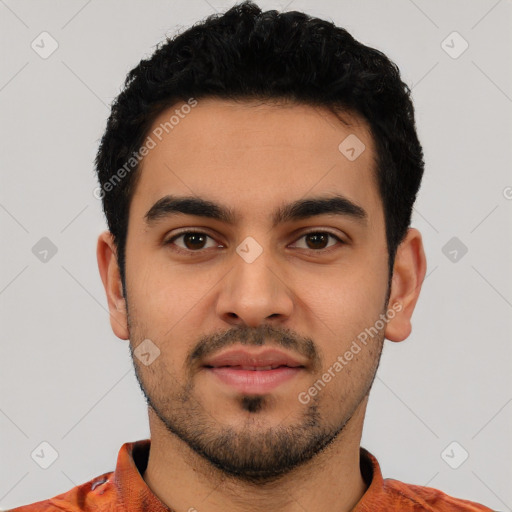 Neutral latino young-adult male with short  black hair and brown eyes