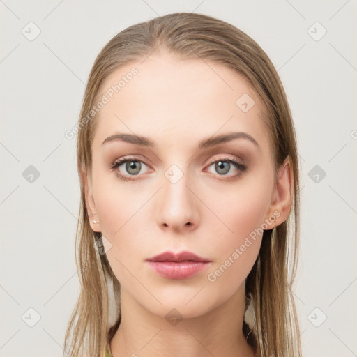 Neutral white young-adult female with long  brown hair and grey eyes