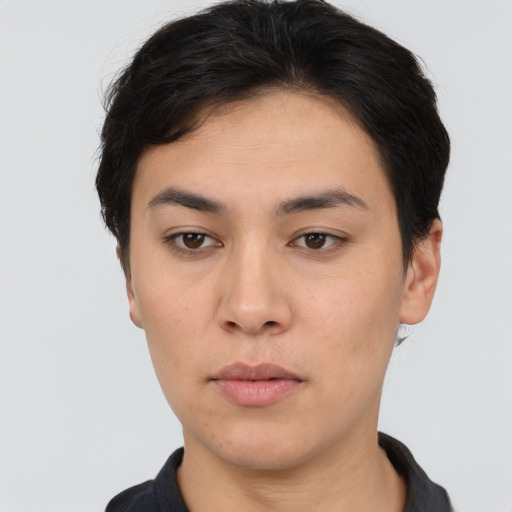 Neutral white young-adult female with short  black hair and brown eyes