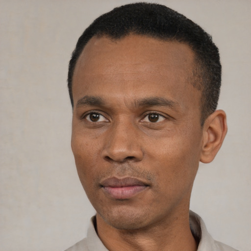 Joyful black adult male with short  black hair and brown eyes