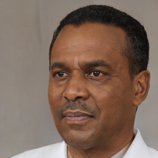 Neutral black adult male with short  black hair and brown eyes