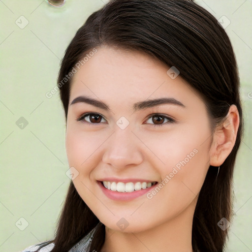 Joyful white young-adult female with long  brown hair and brown eyes