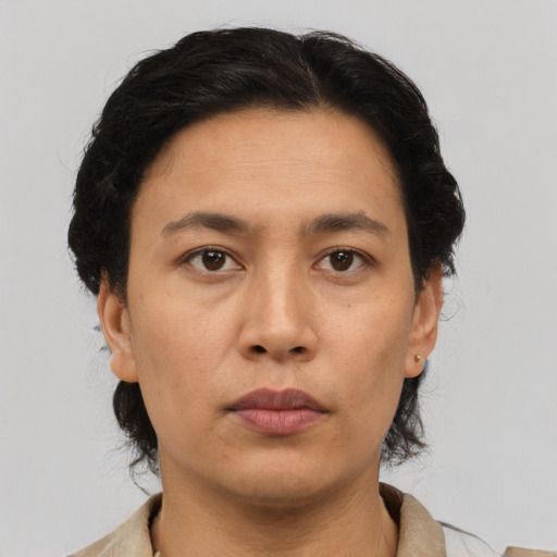 Neutral asian young-adult female with short  black hair and brown eyes