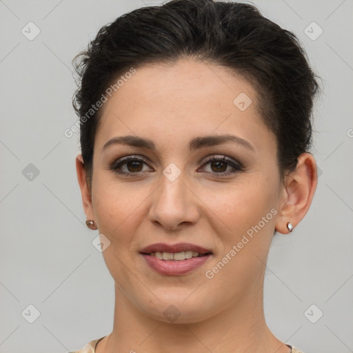 Joyful white young-adult female with short  brown hair and brown eyes