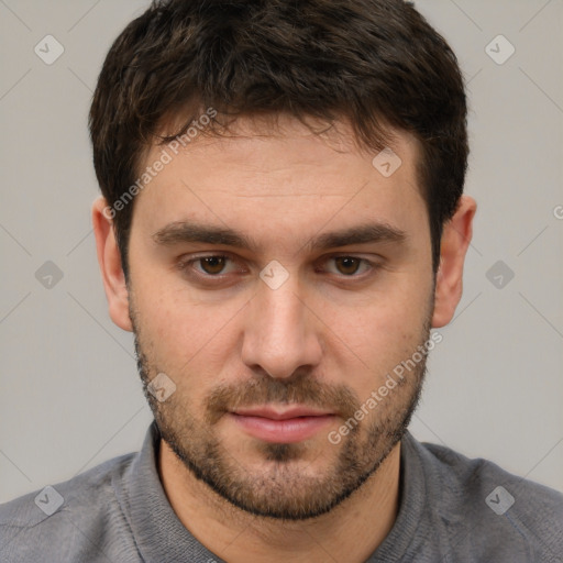 Neutral white young-adult male with short  brown hair and brown eyes