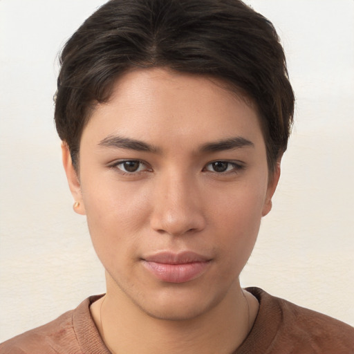 Neutral white young-adult female with short  brown hair and brown eyes