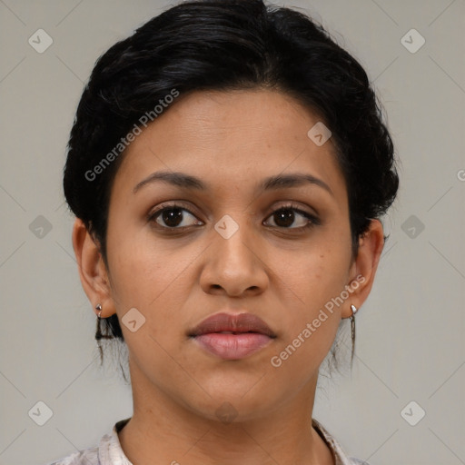 Joyful latino young-adult female with short  brown hair and brown eyes