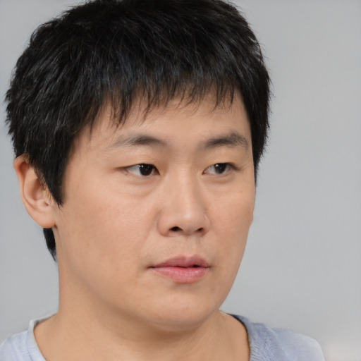 Neutral asian young-adult male with short  brown hair and brown eyes