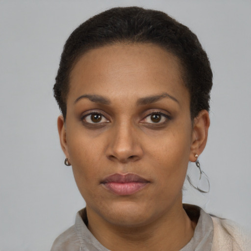 Neutral latino young-adult female with short  brown hair and brown eyes