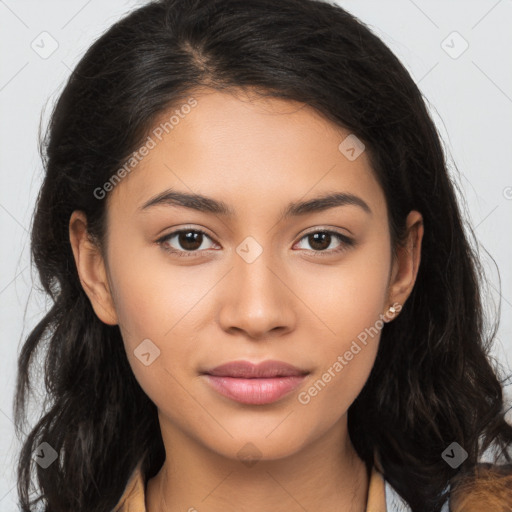 Joyful latino young-adult female with long  brown hair and brown eyes