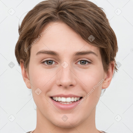 Joyful white young-adult female with short  brown hair and grey eyes