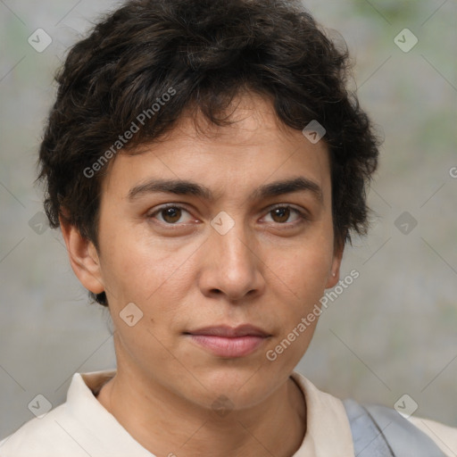 Neutral white young-adult female with short  brown hair and brown eyes