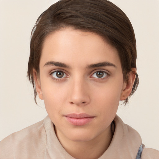 Neutral white young-adult female with medium  brown hair and brown eyes