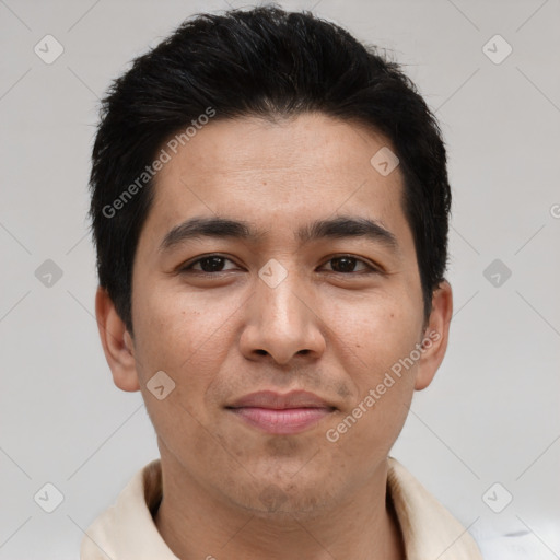 Joyful asian young-adult male with short  black hair and brown eyes