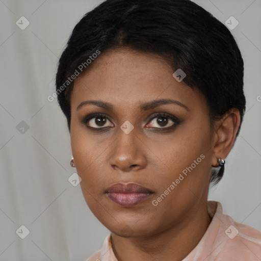 Neutral black young-adult female with short  brown hair and brown eyes