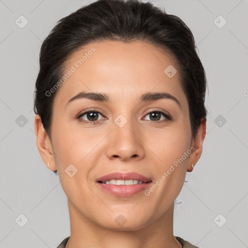 Joyful white young-adult female with short  brown hair and brown eyes