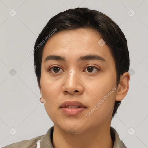 Neutral asian young-adult female with short  black hair and brown eyes