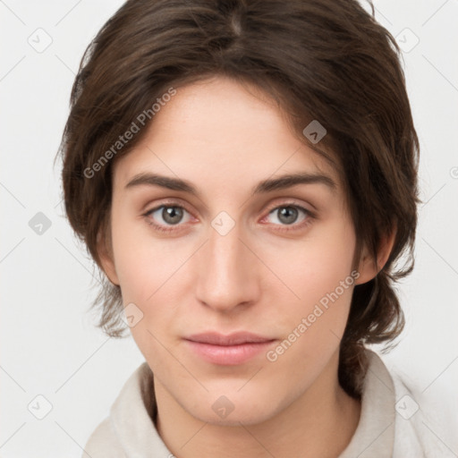 Neutral white young-adult female with medium  brown hair and brown eyes