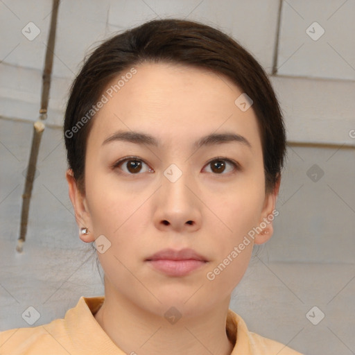 Neutral white young-adult female with short  brown hair and brown eyes