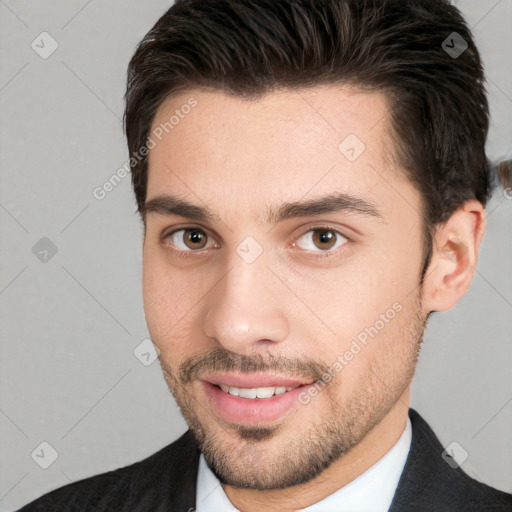 Joyful white young-adult male with short  brown hair and brown eyes