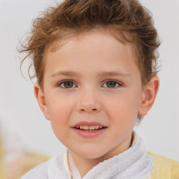 Joyful white child female with short  brown hair and brown eyes