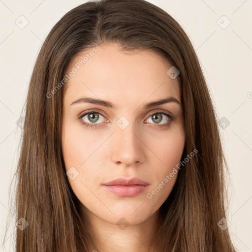 Neutral white young-adult female with long  brown hair and brown eyes