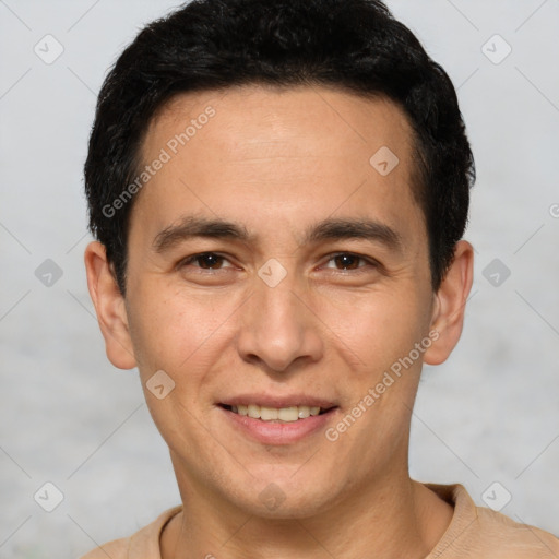 Joyful white adult male with short  brown hair and brown eyes