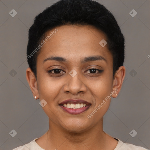 Joyful latino young-adult female with short  black hair and brown eyes