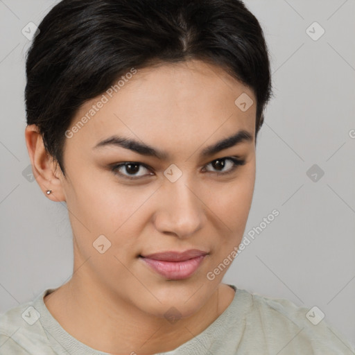 Joyful white young-adult female with short  brown hair and brown eyes