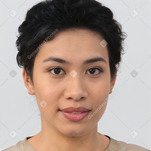 Joyful asian young-adult female with short  brown hair and brown eyes