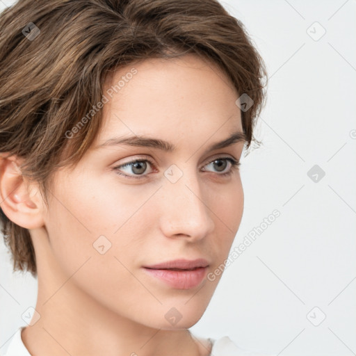 Neutral white young-adult female with medium  brown hair and grey eyes