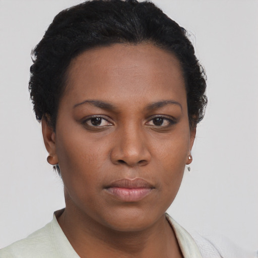 Neutral black young-adult female with short  black hair and brown eyes