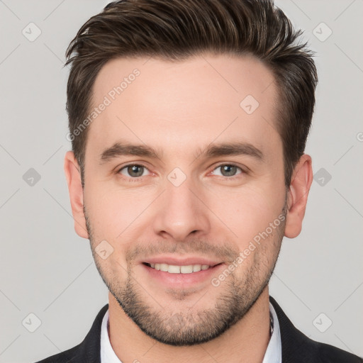 Joyful white young-adult male with short  brown hair and brown eyes