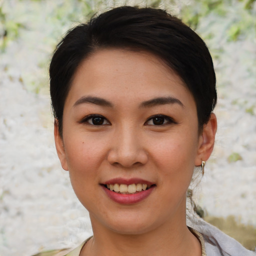 Joyful asian young-adult female with short  black hair and brown eyes