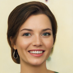 Joyful white young-adult female with medium  brown hair and green eyes