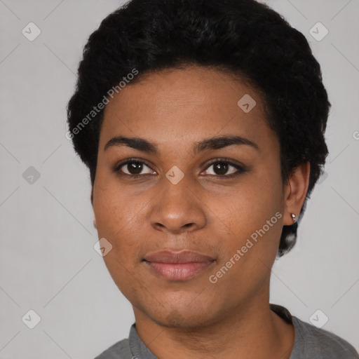 Neutral latino young-adult female with short  black hair and brown eyes