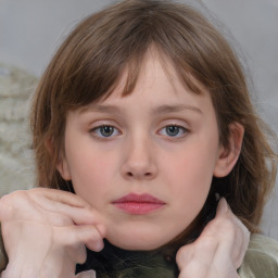 Neutral white child female with medium  brown hair and grey eyes