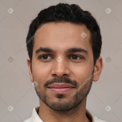 Neutral white young-adult male with short  black hair and brown eyes