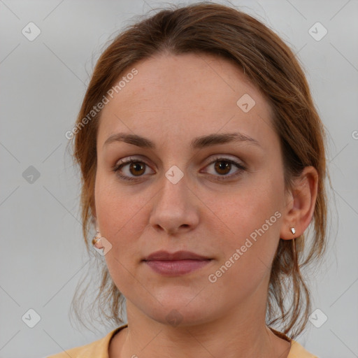 Neutral white young-adult female with medium  brown hair and grey eyes