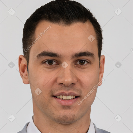 Joyful white young-adult male with short  brown hair and brown eyes