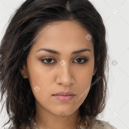 Neutral latino young-adult female with long  brown hair and brown eyes