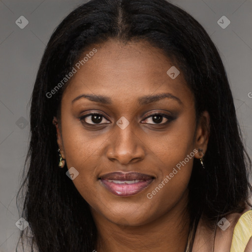 Joyful latino young-adult female with long  brown hair and brown eyes