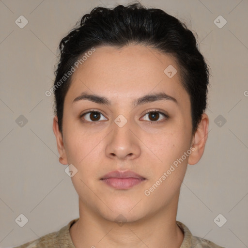 Neutral white young-adult female with short  brown hair and brown eyes