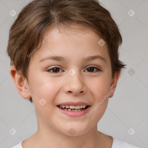 Joyful white child female with short  brown hair and brown eyes