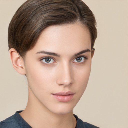 Neutral white young-adult female with medium  brown hair and brown eyes