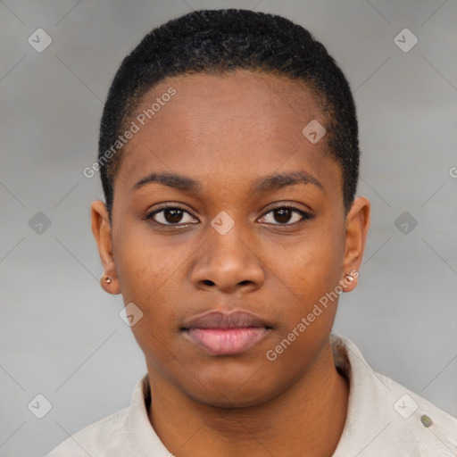 Neutral black young-adult female with short  brown hair and brown eyes