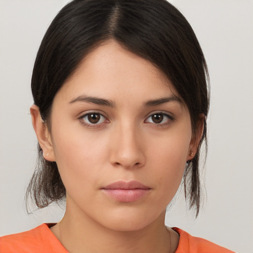 Neutral white young-adult female with medium  brown hair and brown eyes