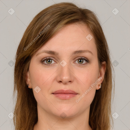 Joyful white young-adult female with long  brown hair and grey eyes