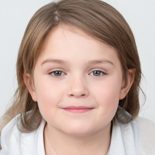 Joyful white child female with medium  brown hair and blue eyes