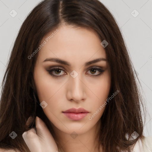 Neutral white young-adult female with long  brown hair and brown eyes